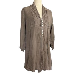 Romeo Giulia Lagenlook Linen Tunic Size M Taupe Embroidered Cottage Boho Artsy